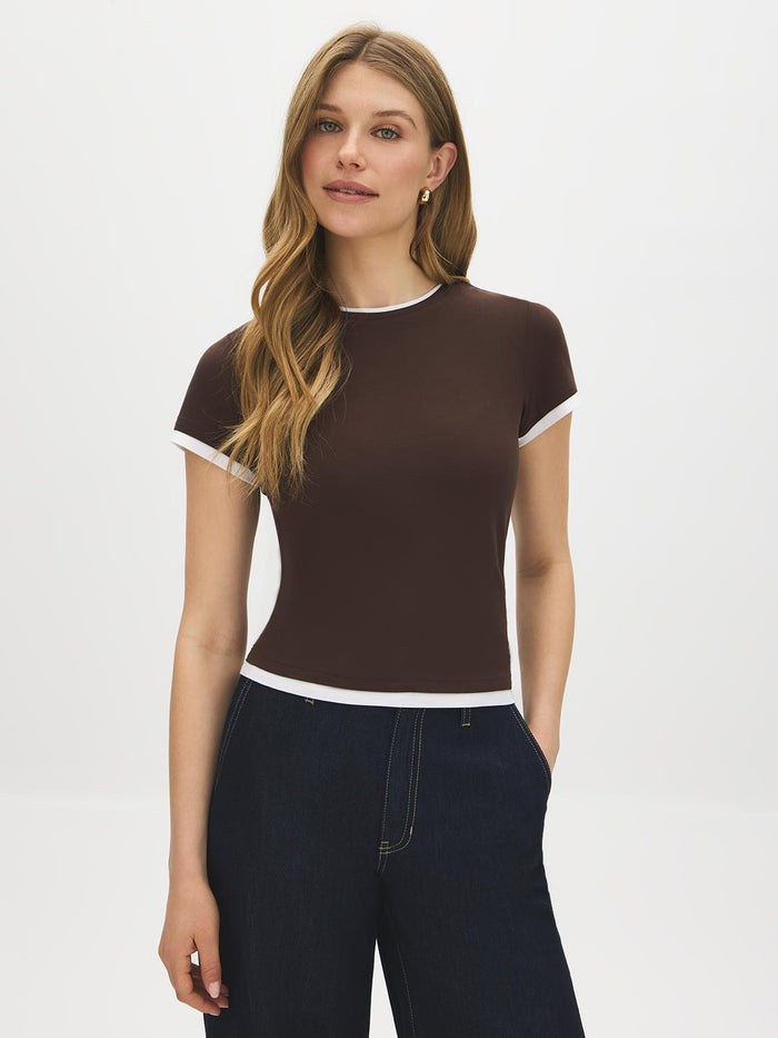 Coffee Bean and White Double Layer Crew Neck Top - Woman Wearing Layered Jersey Top - Suzy Shier