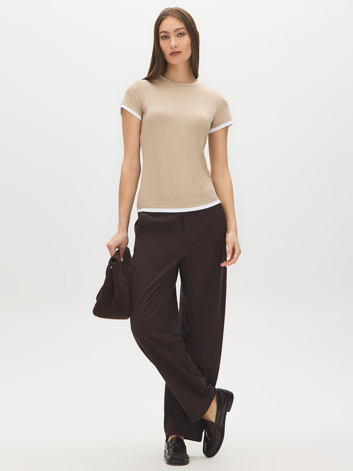Coffee Bean and White Double Layer Crew Neck Top - Full Body Front View - Suzy Shier