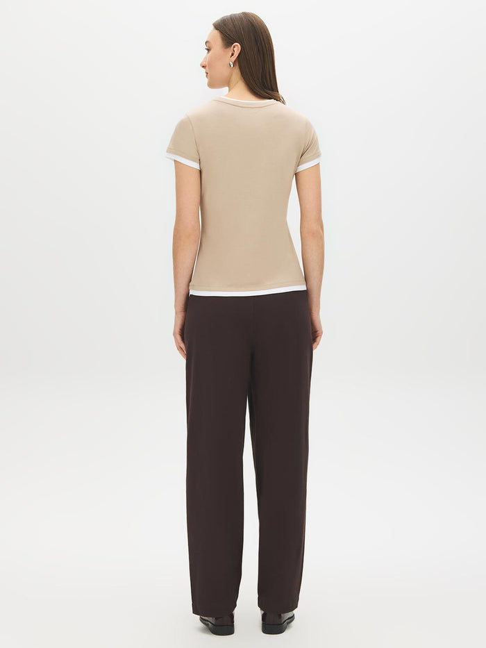 Coffee Bean and White Double Layer Crew Neck Top - Back View - Suzy Shier