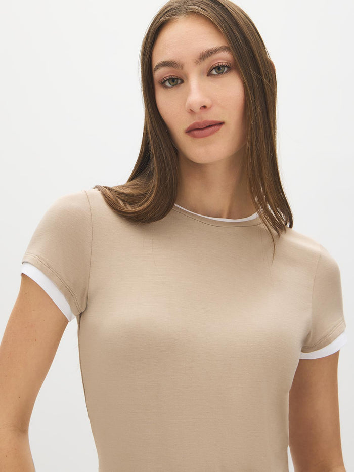 Coffee Bean and White Double Layer Crew Neck Top - Close-up Front View - Suzy Shier