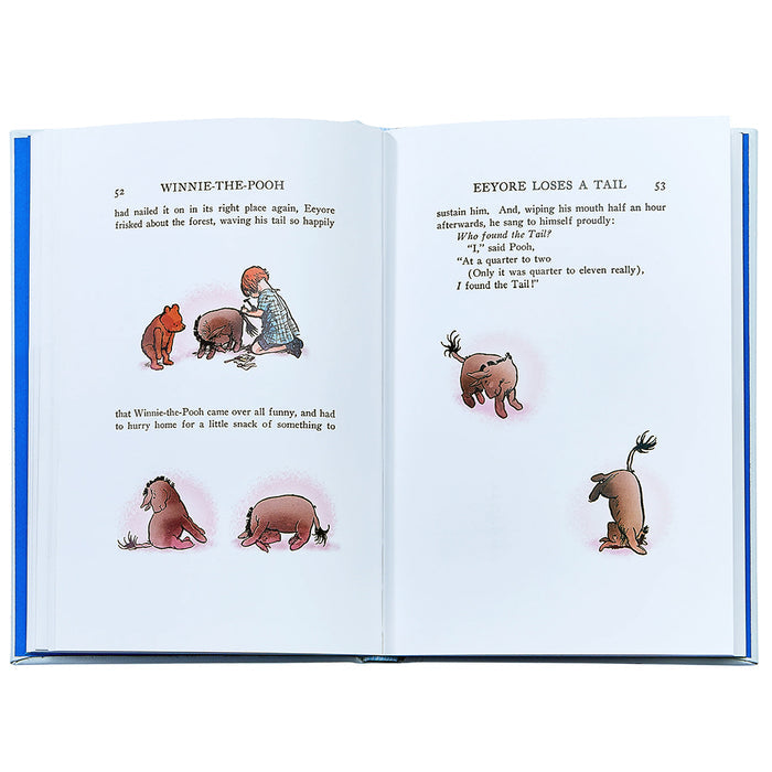 Open book showing illustrations and text from 'Winnie-the-Pooh' and 'Eeyore Loses a Tail'.