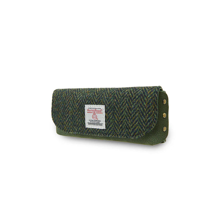 Leather Glasses Case - Dark Green Herringbone