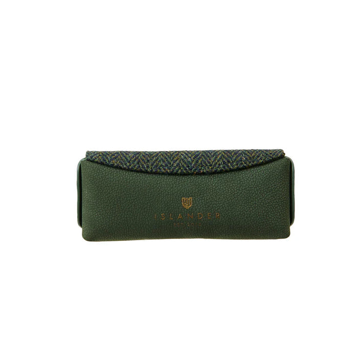 Leather Glasses Case - Dark Green Herringbone