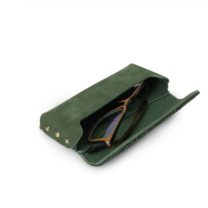 Leather Glasses Case - Dark Green Herringbone