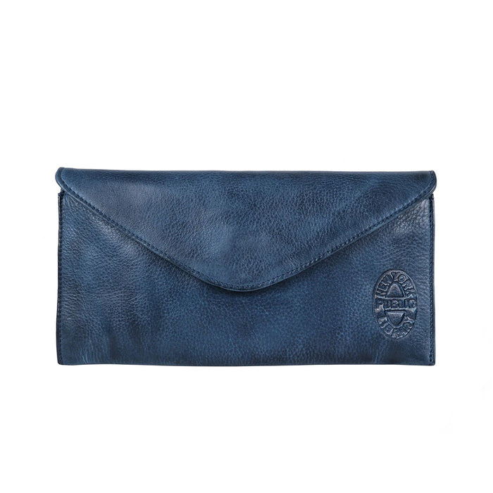 Blue leather wallet with an oval NYPL  book stamping logo on a white background.