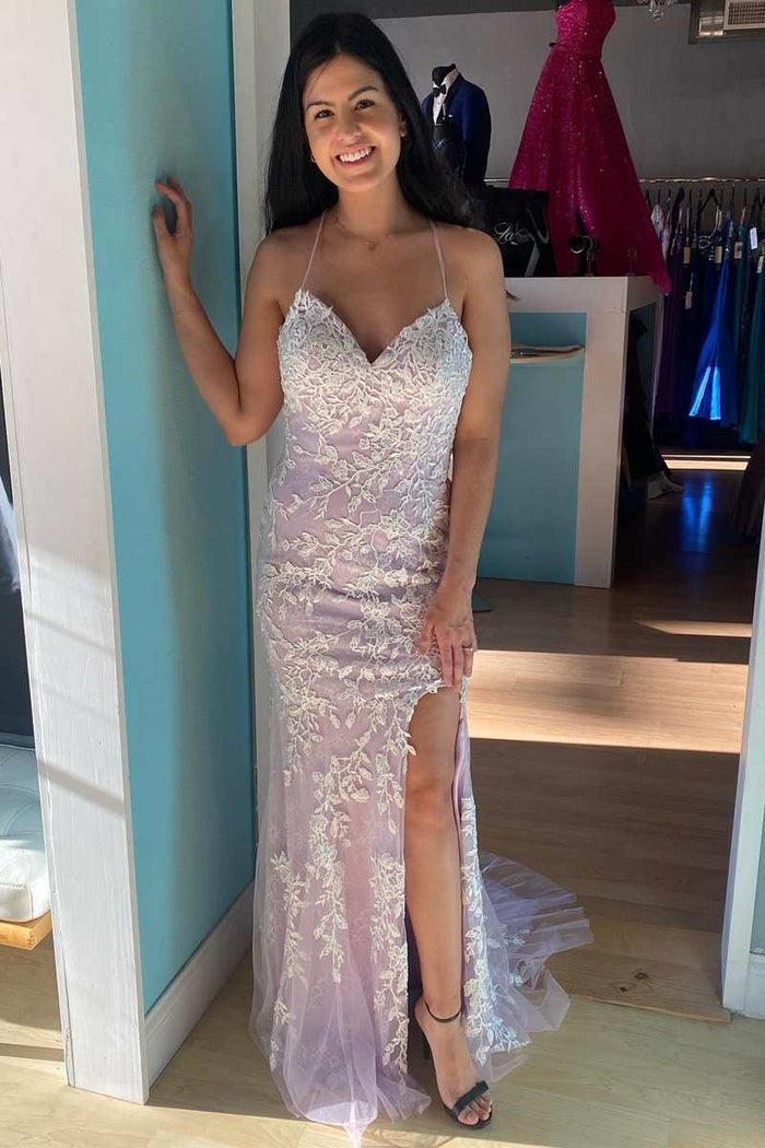 Light Purple Appliques Lace-Up Mermaid Long Dress with Slit