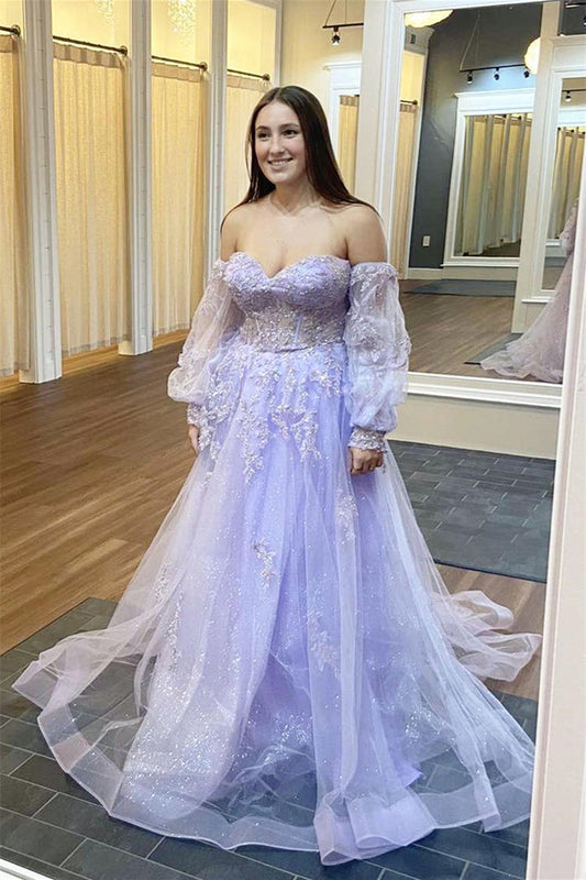 Lilac A-Line Tulle Off-Shoulder Lace-Up Back Long Prom Dress
