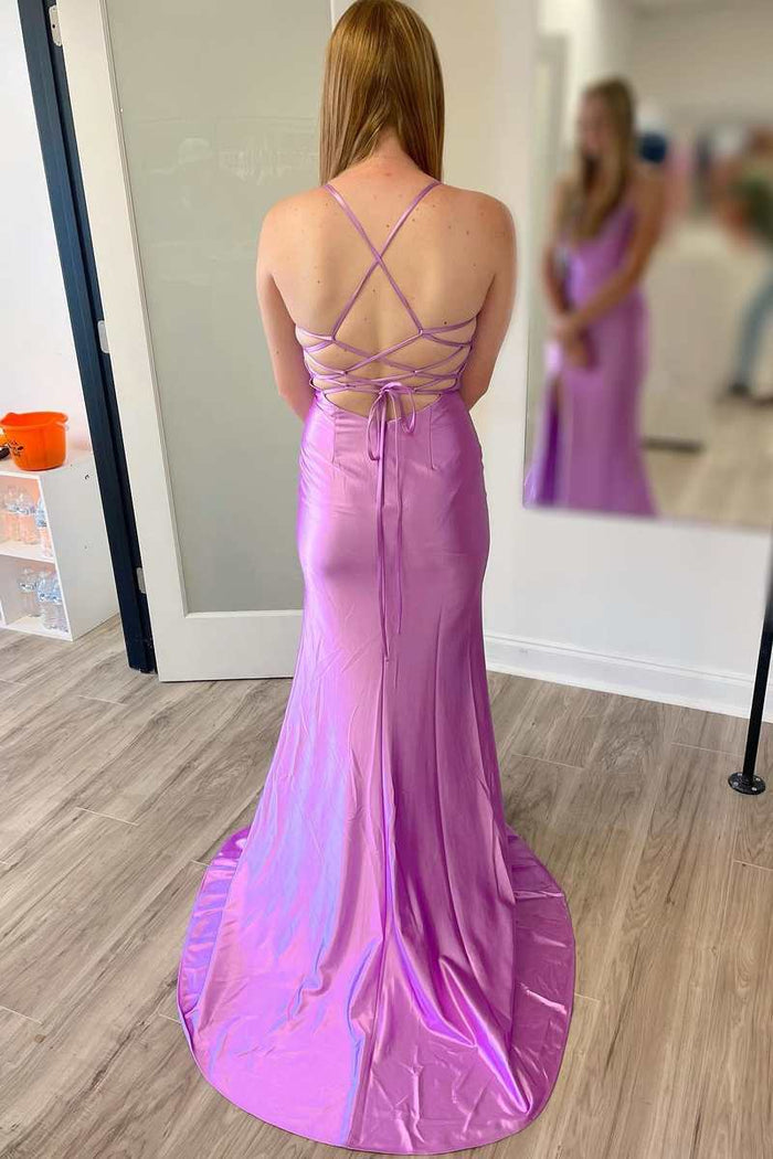 Lilac Cowl Neck Lace-Up Back Mermaid Long Prom Dress with Slit