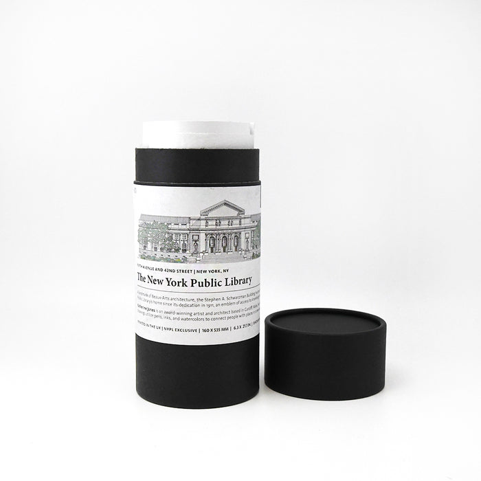 Black container with a New York Public Library's flagship building hand-drawn poster inside.