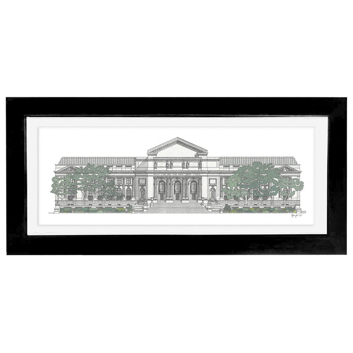 Framed architectural drawing of NYPL's flagship building with trees on a white background