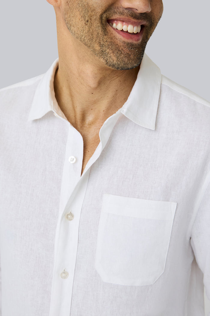 Collar view of Linen Button Up in Bright White