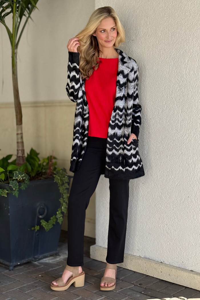 Liverpool Black Grey Wavy Stripe Open Front Coatigan Sweater