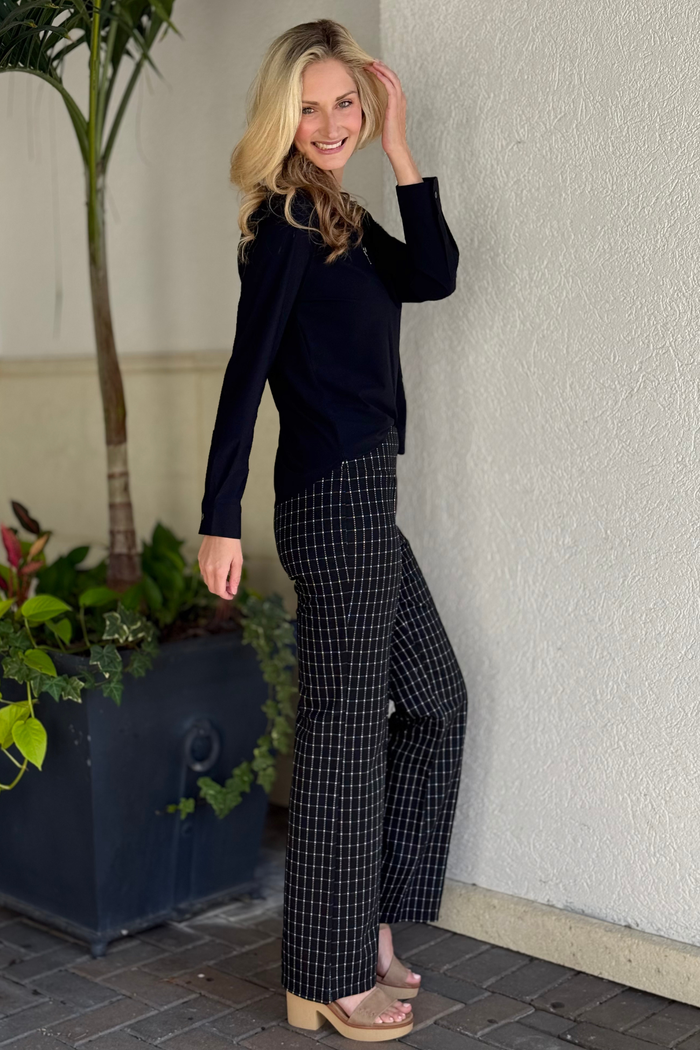 Liverpool Black White Windowpane Check Pearl Full Length Flare Pant