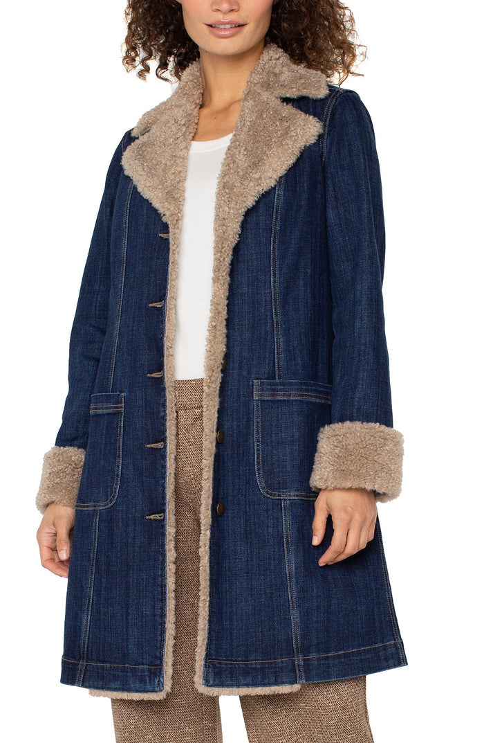 Liverpool Sherpa Trim Longline Trucker Jacket – Blue Rinse