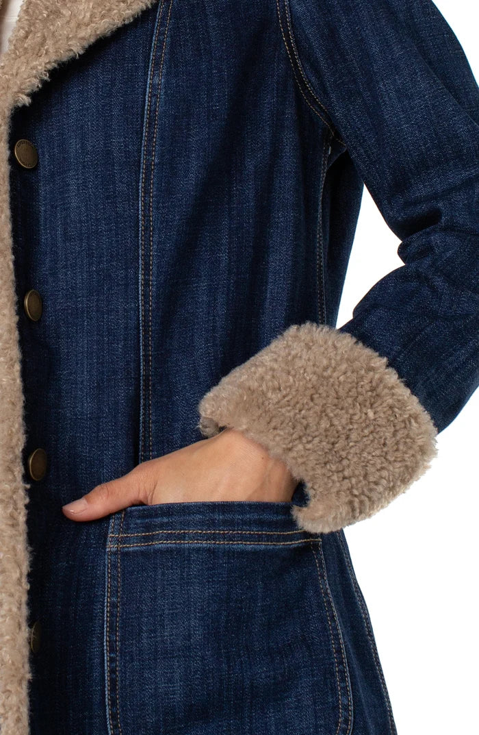 Liverpool Sherpa Trim Longline Trucker Jacket – Blue Rinse
