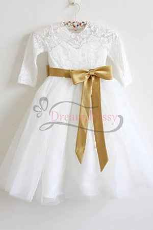 Long Sleeves White Toddler Flower Girl Dress with Gold Sash