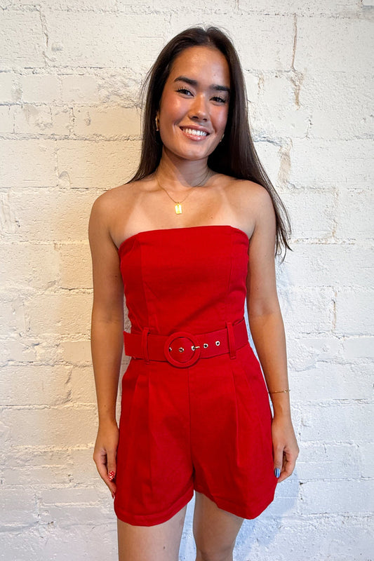 Louise Strapless Belted Romper Red, adeline boutique, dallas boutique, boutique
