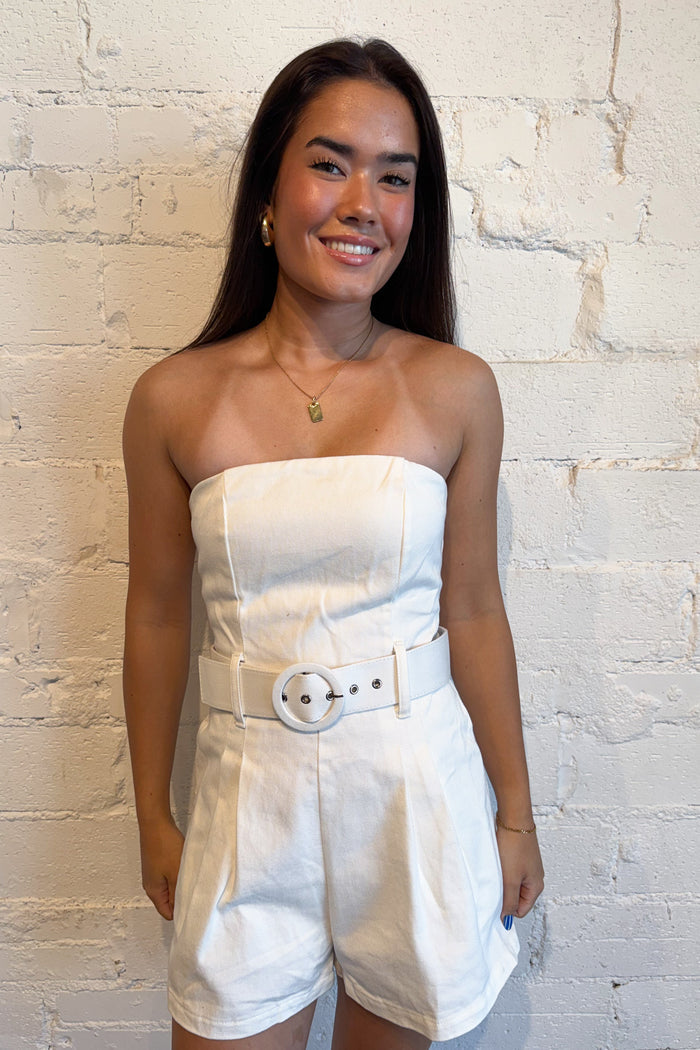 Louise Strapless Belted Romper White, adeline boutique, dallas boutique, boutique