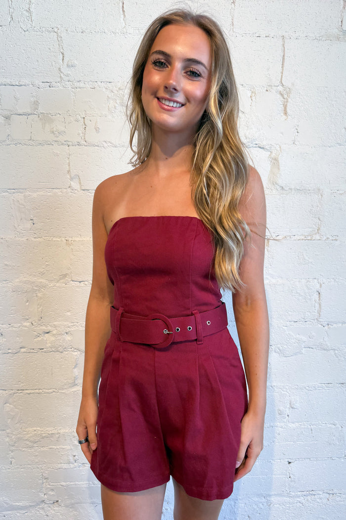 Louise Strapless Belted Romper Crimson, adeline boutique, dallas boutique, boutique