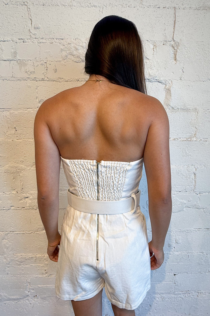 Louise Strapless Belted Romper White Back, adeline boutique, dallas boutique, boutique