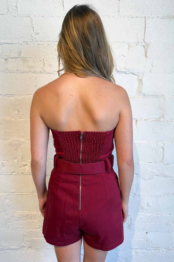 Louise Strapless Belted Romper Crimson Back, adeline boutique, dallas boutique, boutique
