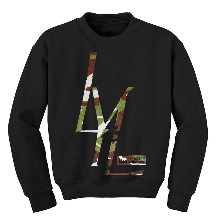 A black Tyler Carter sweatshirt featuring a large camouflage 4YL graphic on the front and a small rectangular VER CARTER LEAVE YOUR LEGACY patch near the bottom hem.