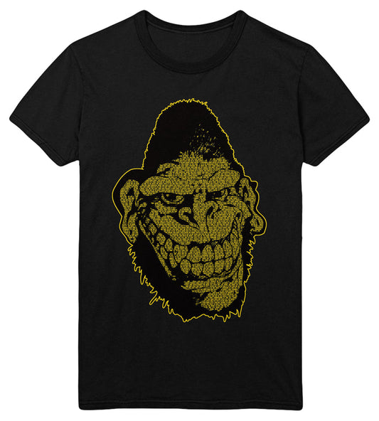 Gorilla Biscuits black t-shirt with a large yellow outline graphic of a stylized, grinning gorilla face with exaggerated features.