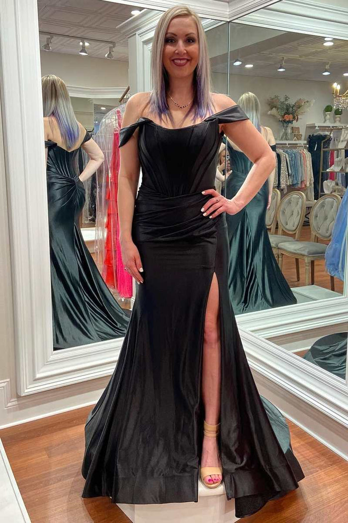 Magenta Satin Off-the-Shoulder Mermaid Long Formal Dress with Slit