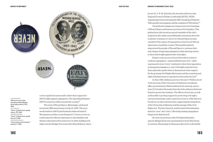 Historical buttons with text and images on a white background