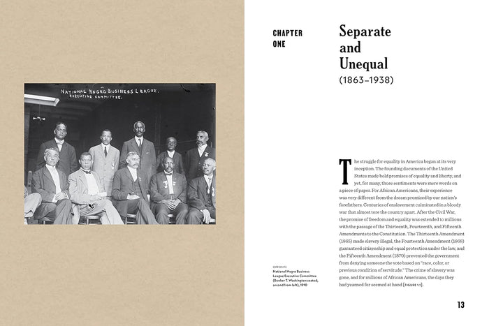Book page with black and white photograph of a group of men and text about separate and unequal treatment from 1863 to 1938.