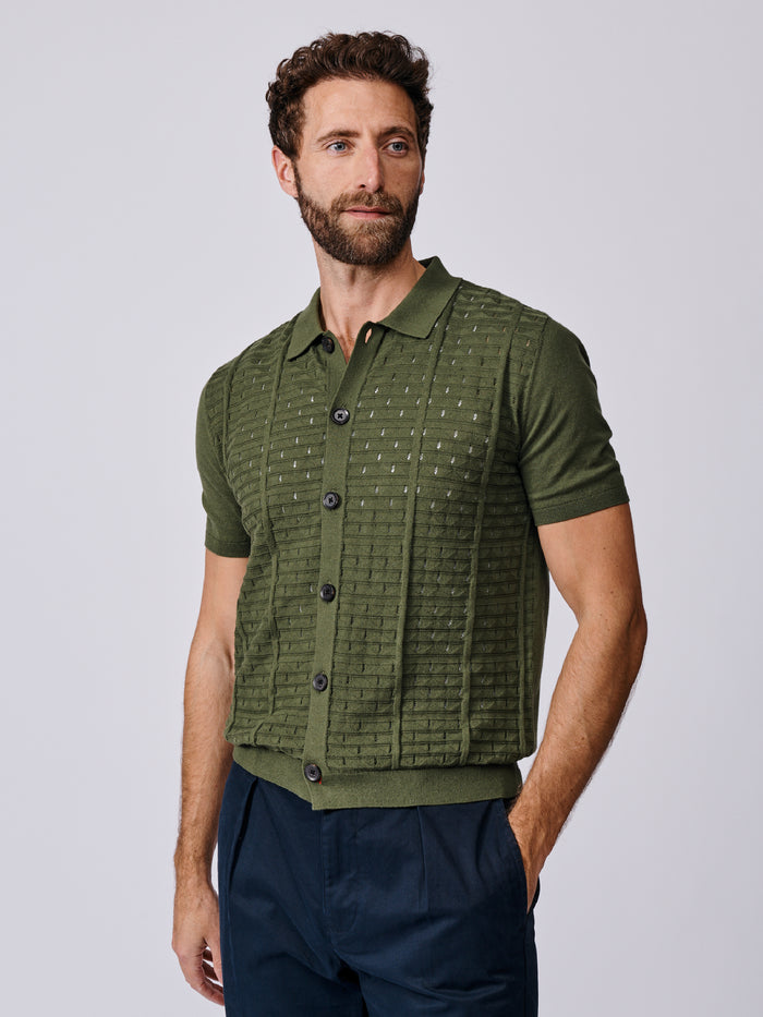 Aubin Khaki Manor Textured Button Through Polo | Knitted Polo