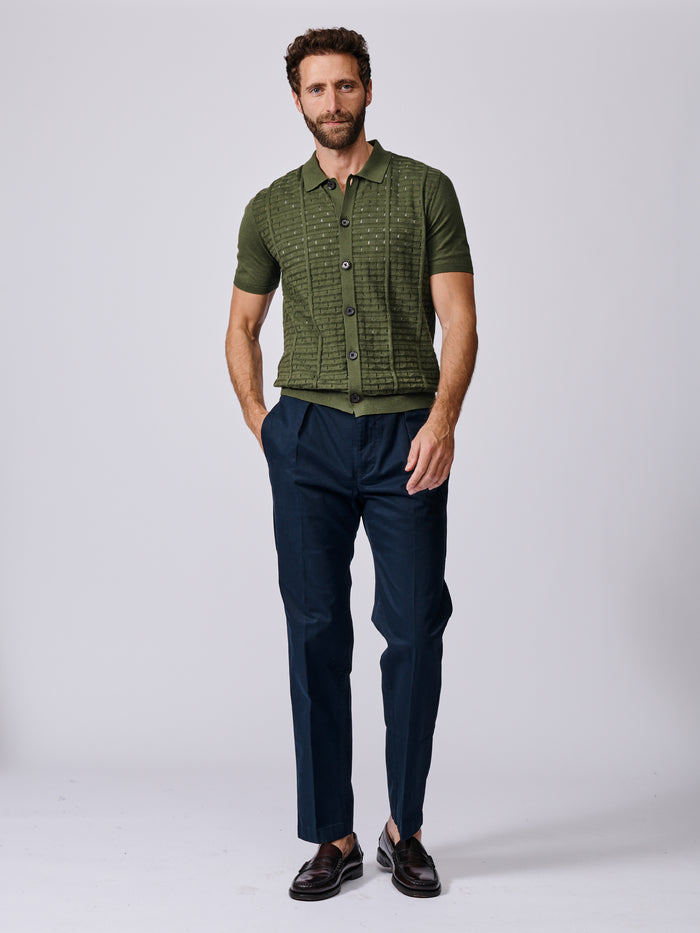 Aubin Khaki Manor Textured Button Through Polo | Knitted Polo