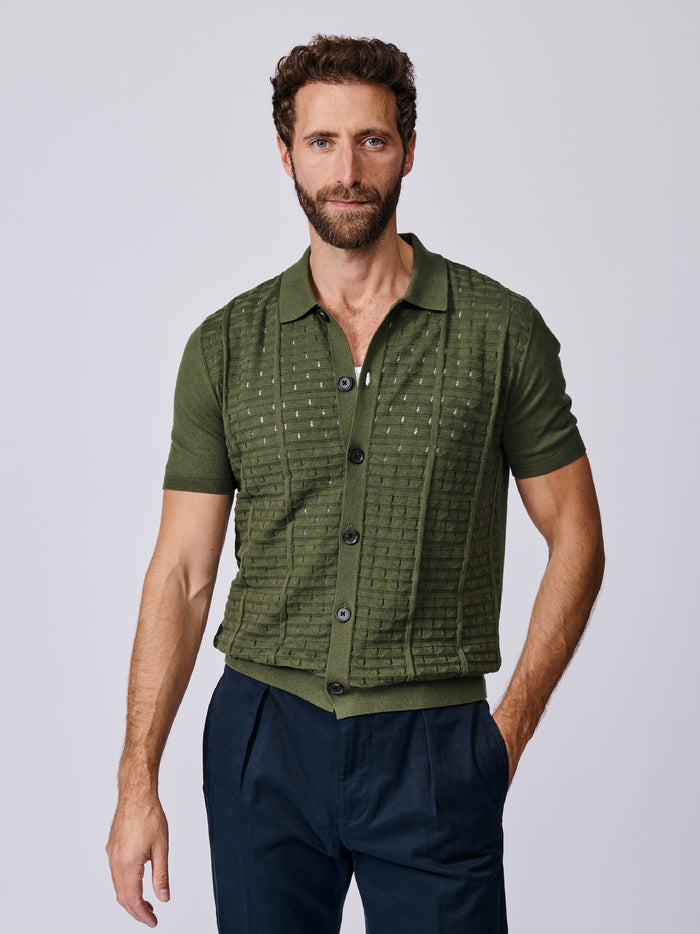 Aubin Khaki Manor Textured Button Through Polo | Knitted Polo