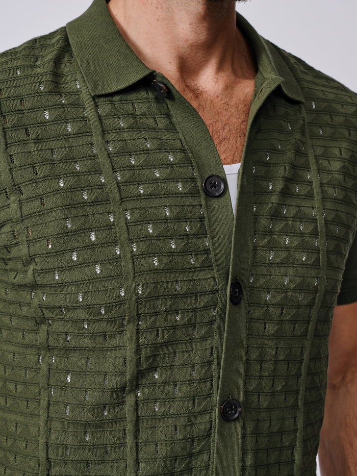 Aubin Khaki Manor Textured Button Through Polo | Knitted Polo