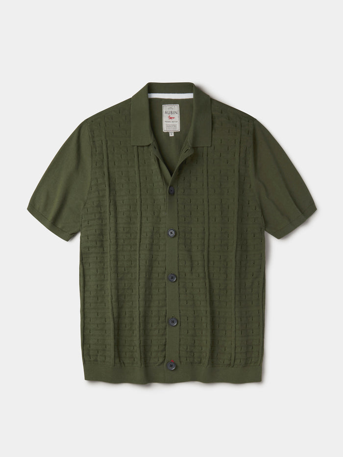 Aubin Khaki Manor Textured Button Through Polo | Knitted Polo