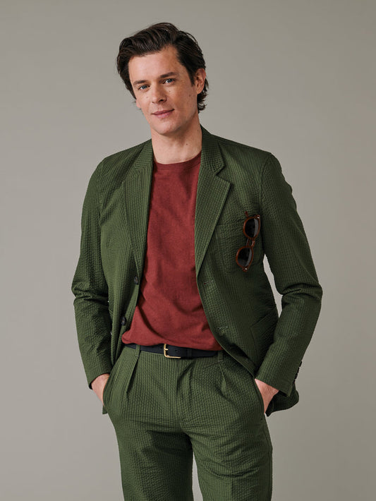 Aubin Khaki Seersucker Mareham Patch Pocket Jacket | Suit Jackets