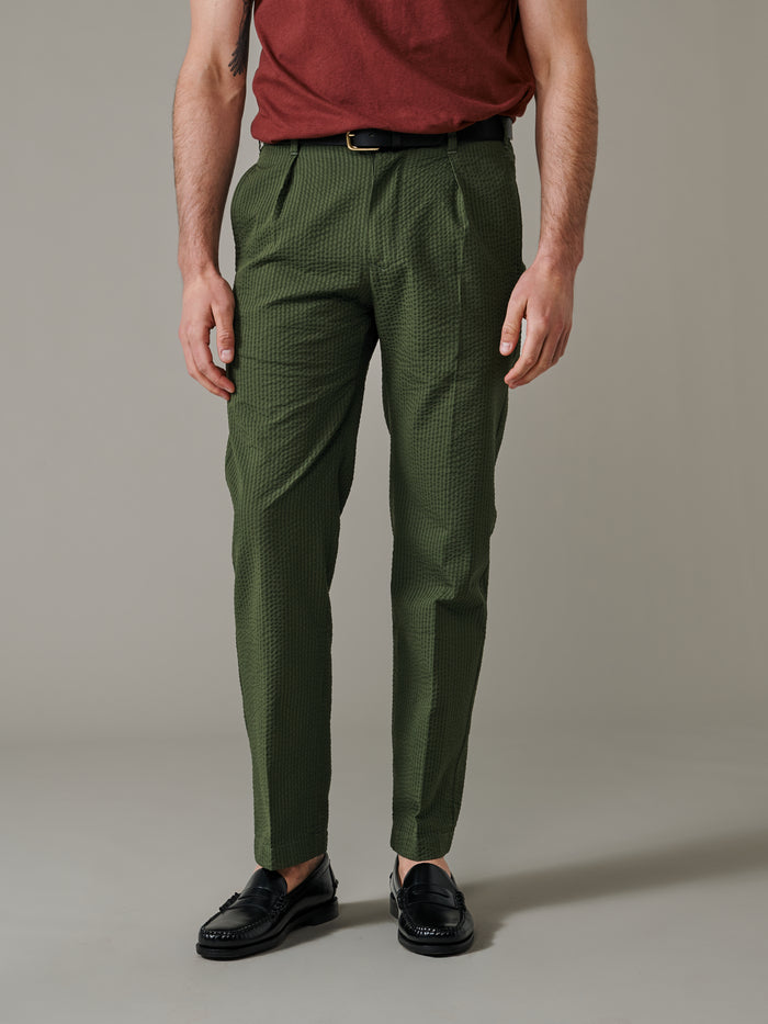 Aubin Khaki Seersucker Mareham Relaxed Fit Trouser | Seersucker Trousers