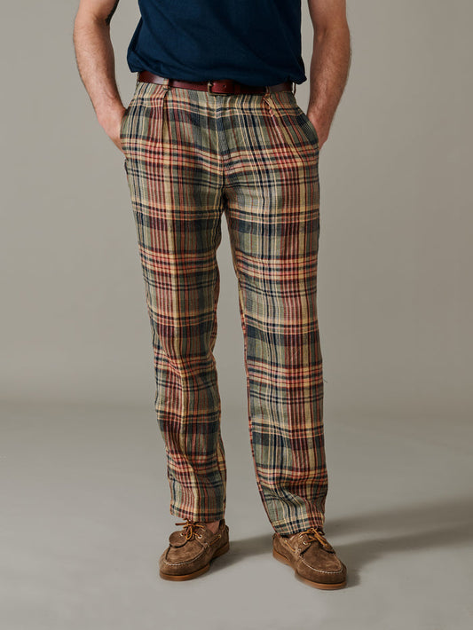 Aubin Green Madras Check Mareham Relaxed Fit Trouser | Linen Trousers
