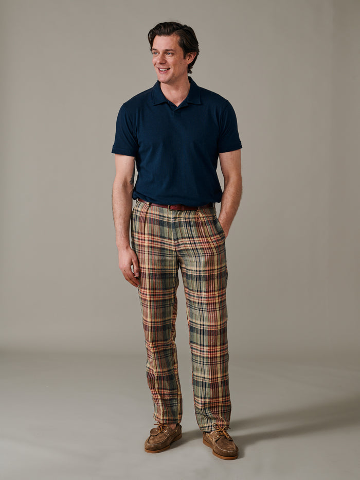 Aubin Green Madras Check Mareham Relaxed Fit Trouser | Linen Trousers