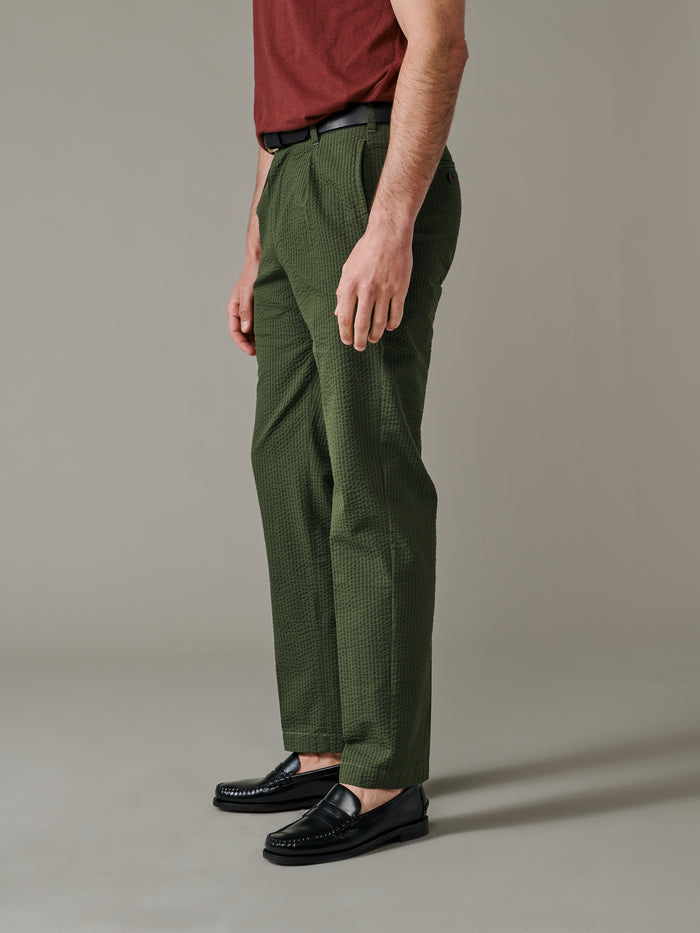 Aubin Khaki Seersucker Mareham Relaxed Fit Trouser | Seersucker Trousers