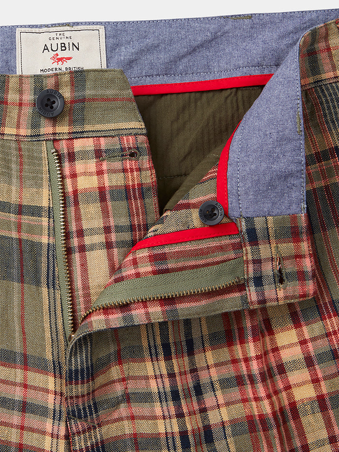 Aubin Green Madras Check Mareham Relaxed Fit Trouser | Linen Trousers