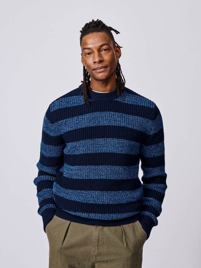 Aubin Navy Stripe Martin Cotton Striped Crew Neck | Crew Neck
