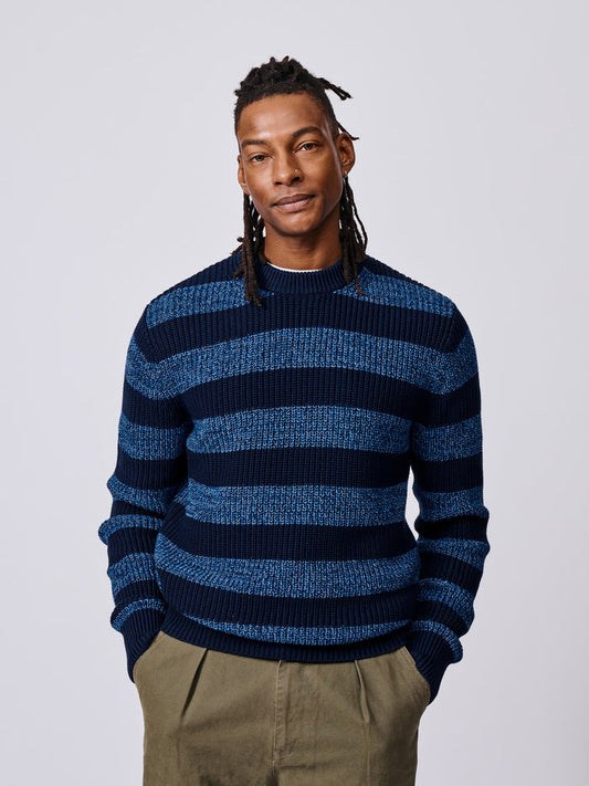 Aubin Navy Stripe Martin Cotton Striped Crew Neck | Crew Neck