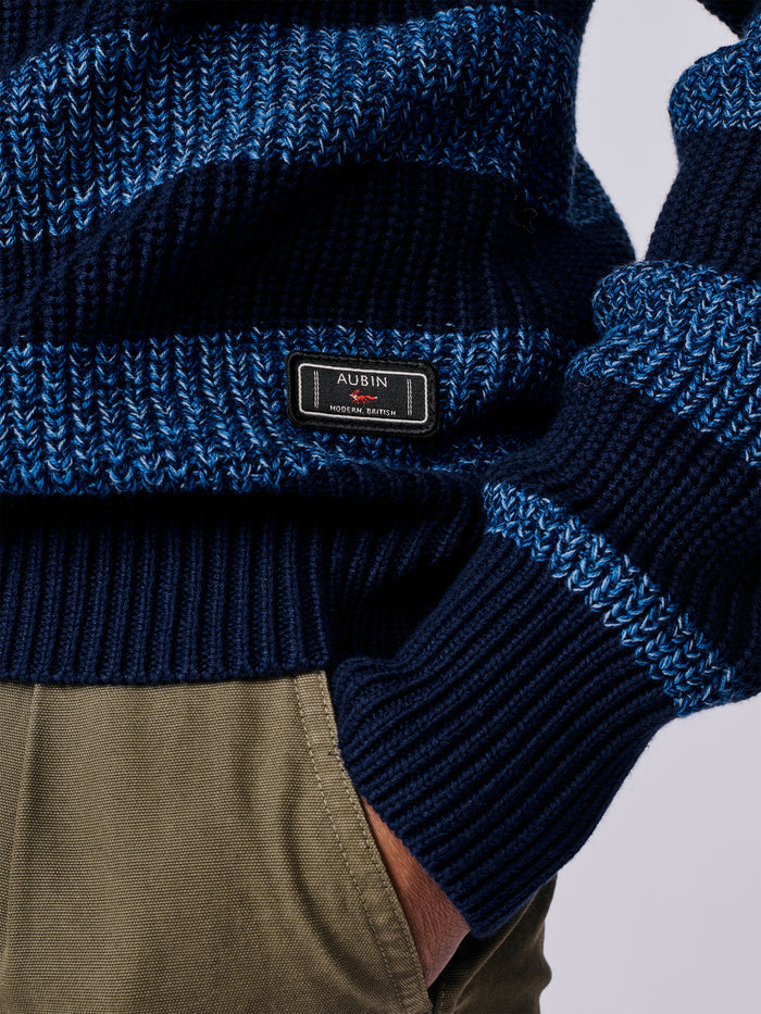 Aubin Navy Stripe Martin Cotton Striped Crew Neck | Crew Neck