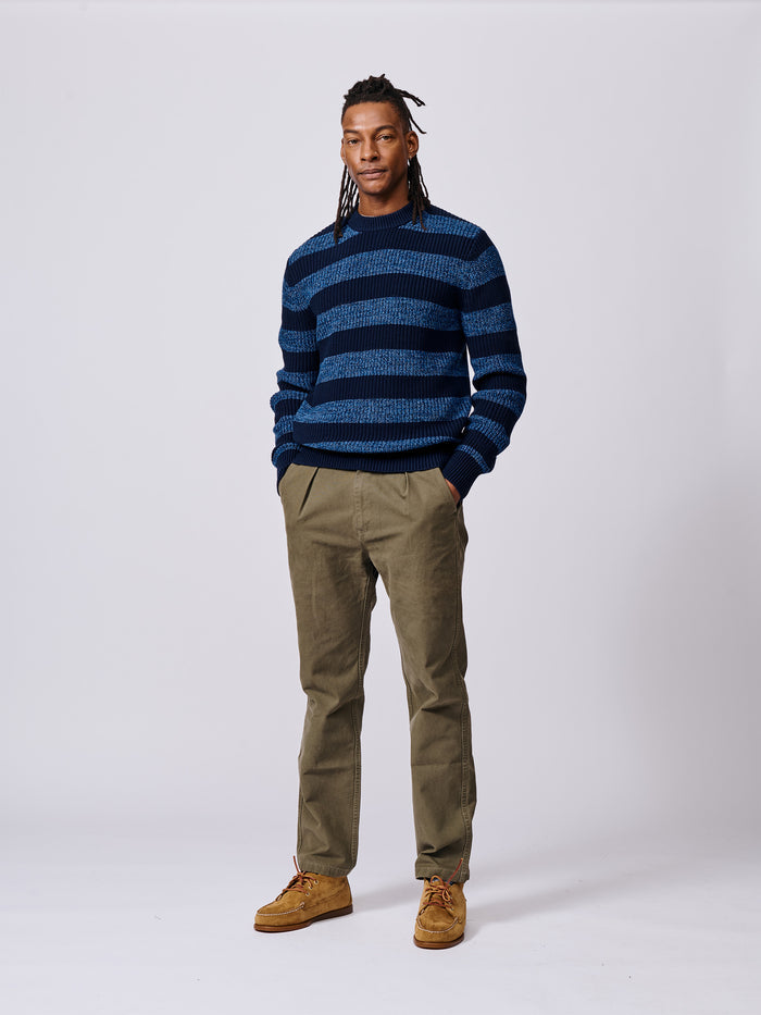 Aubin Navy Stripe Martin Cotton Striped Crew Neck | Crew Neck