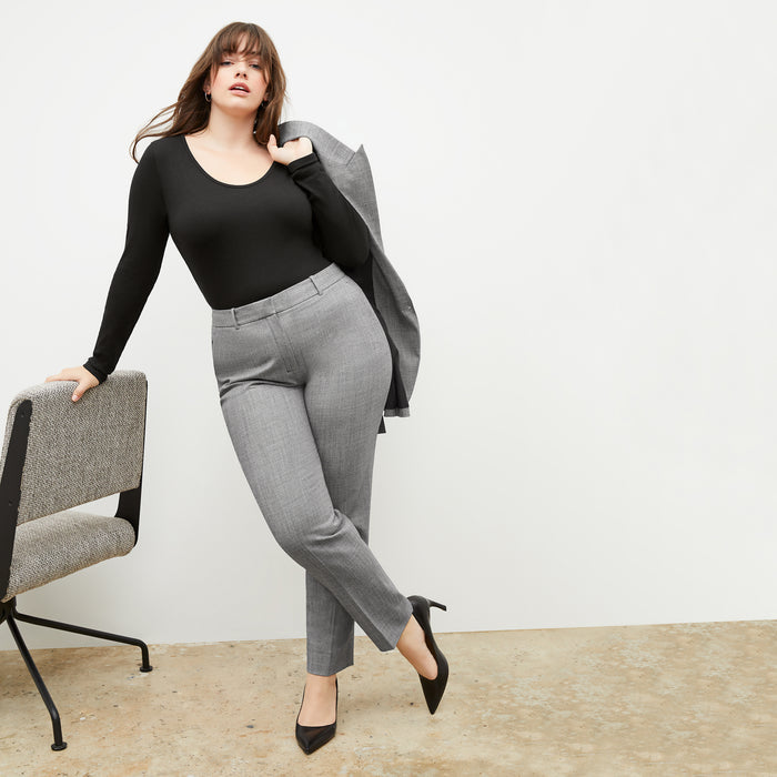 Front image of a woman wearing the Mejia Pant in Black and White Sharkskin | Lead