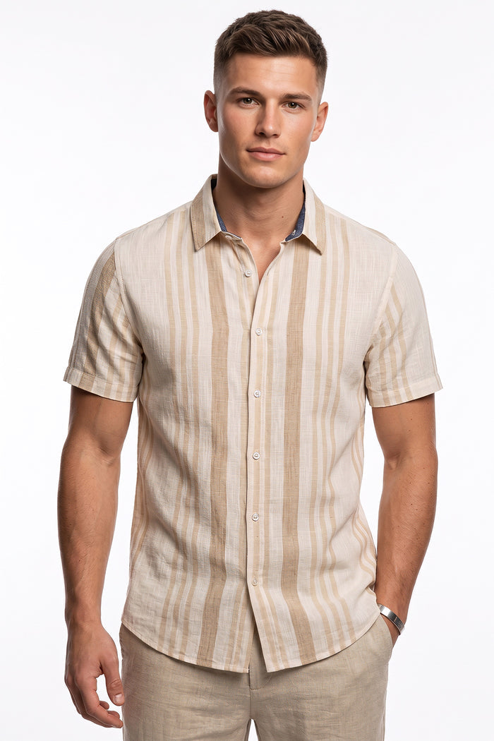 Men's Cotton Linen Yarn Dyed Stripe Short Sleeve Shirt