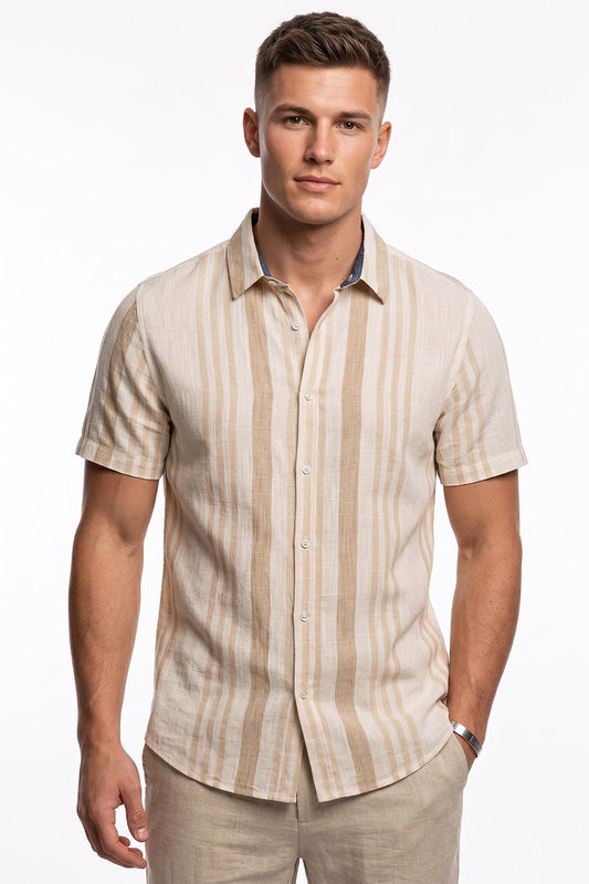 Men's Cotton Linen Yarn Dyed Stripe Short Sleeve Shirt