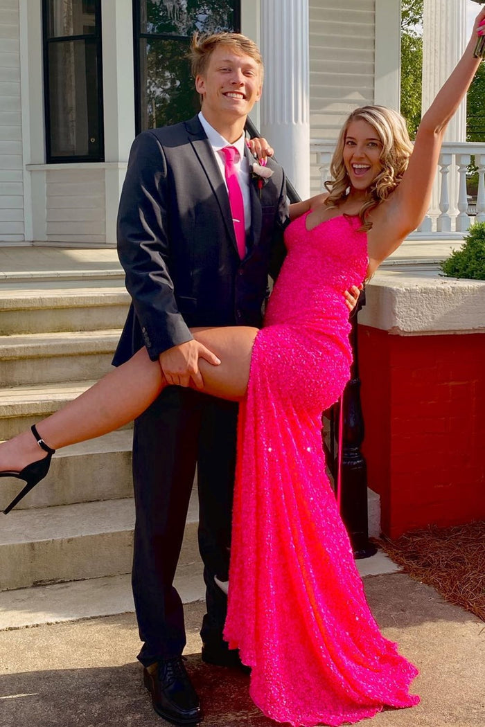 Mermaid Purple Sequin Long Prom Dress with Slit