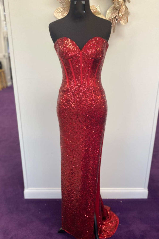 Mermaid Red Sequin Strapless Long Prom Dress with Slit